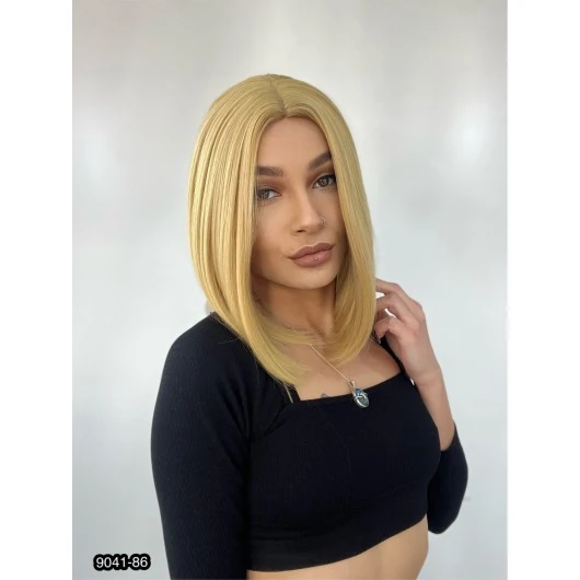 Kahkülsüz Düz Kısa Fiber Sentetik Peruk - Sarı