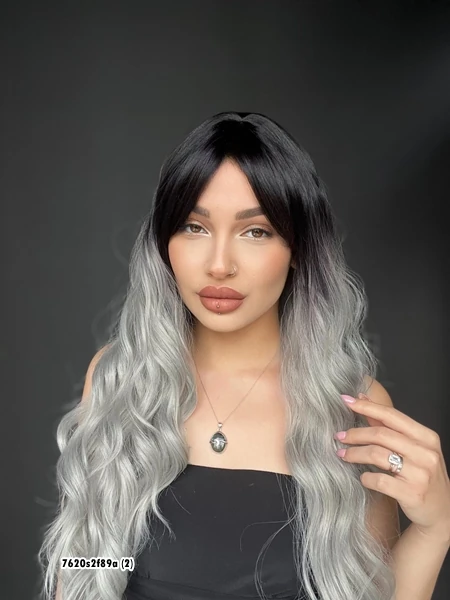 Doğal Su Dalgalı Peruk Uzun Kahküllü Fiber  Siyah Grey