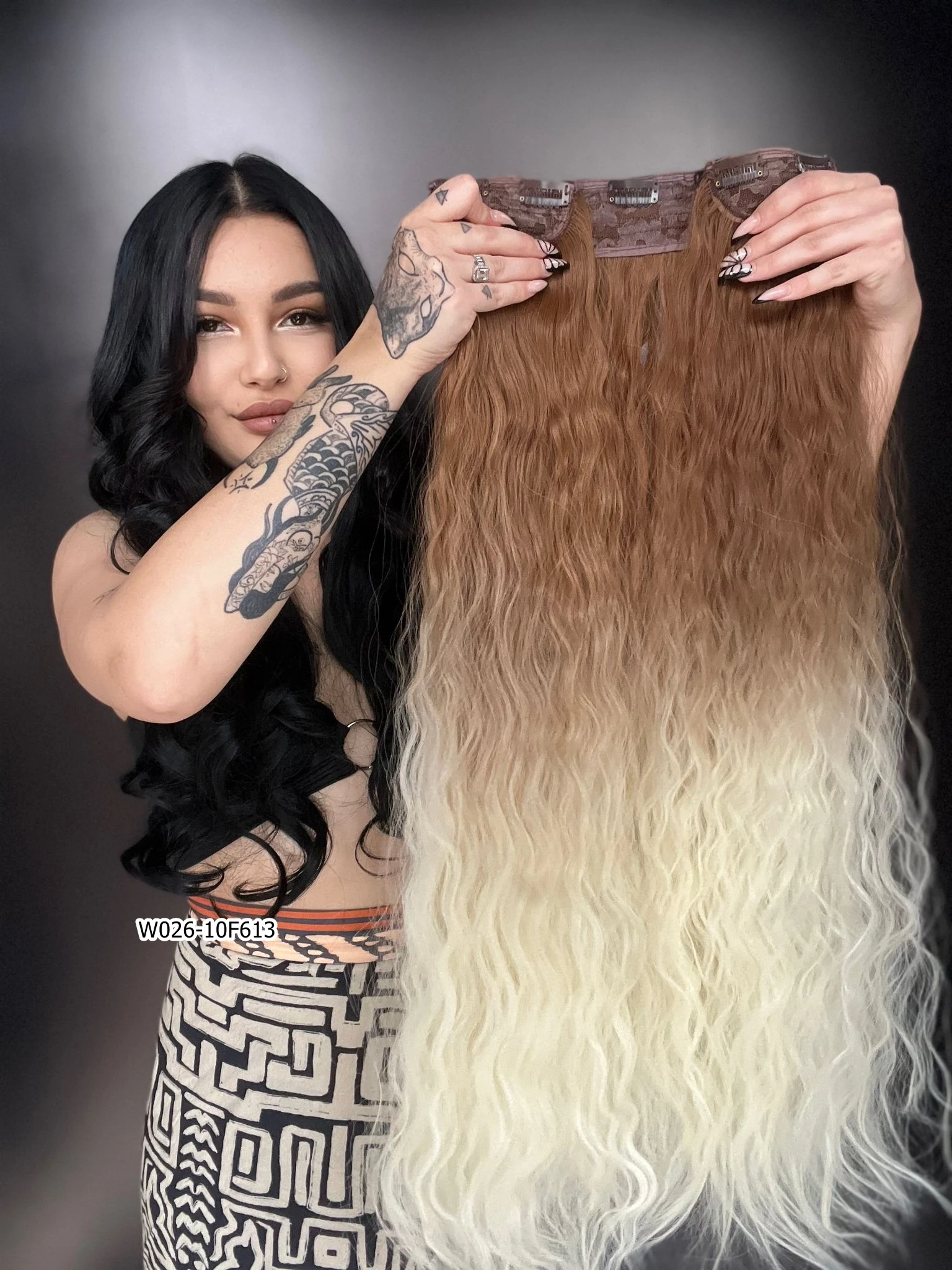 Afro Dalgalı Yarım Ay + 2 Yan Çıt Çıt - Kumral Platin Ombreli