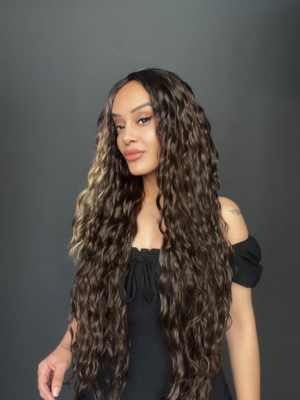 Kahverengi Balköpüğü Işıltılı Fiber Sentetik Tül Peruk (Tam tül peruk her yöne ayrımlı)