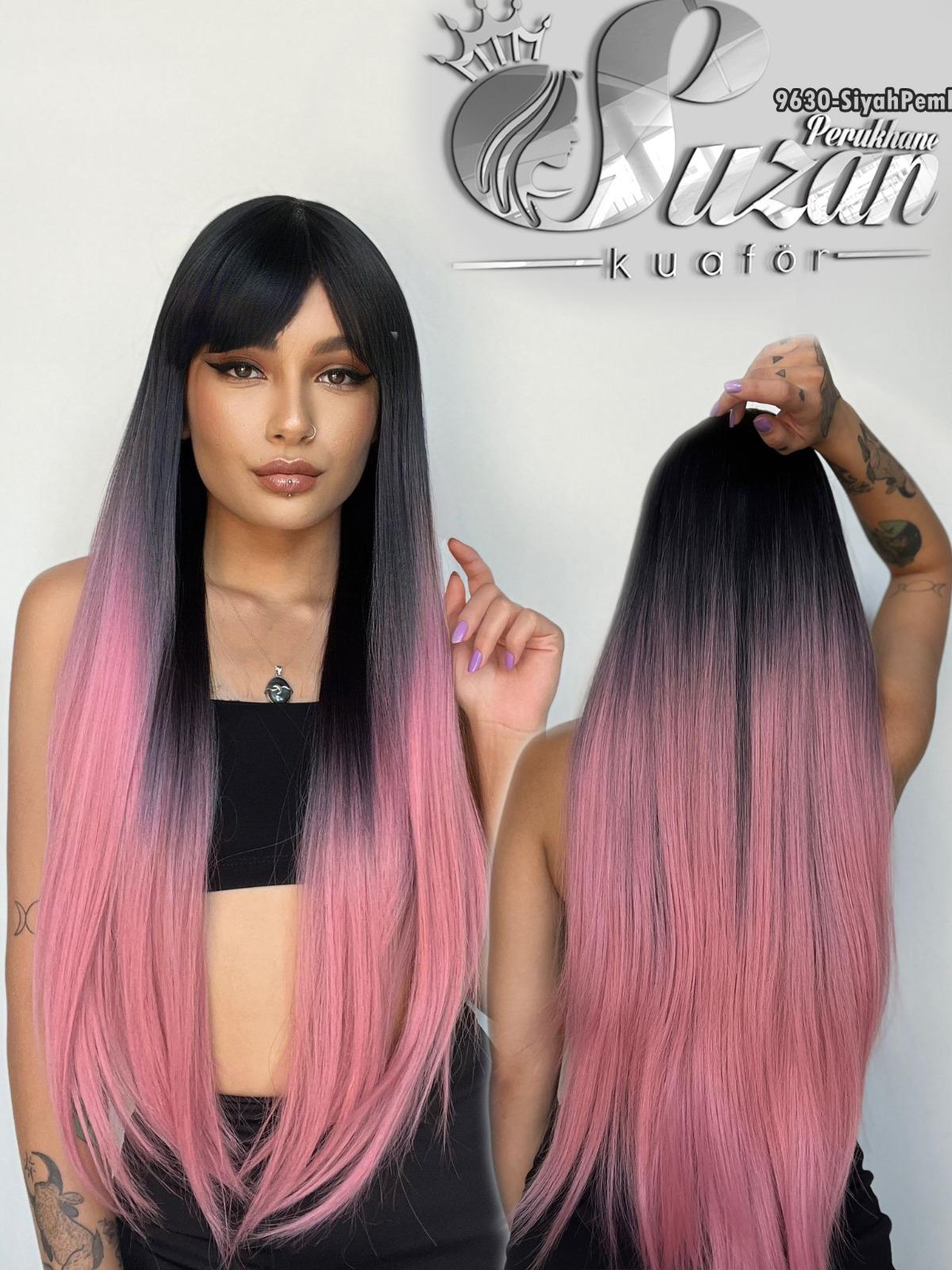 Fiber Sentetik Uzun Su Düz Peruk -Siyah Pembe