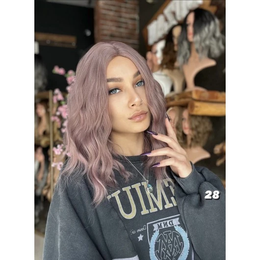 Fiber Sentetik Kısa Dalgalı Perçemsiz Peruk - Gül Kurusu