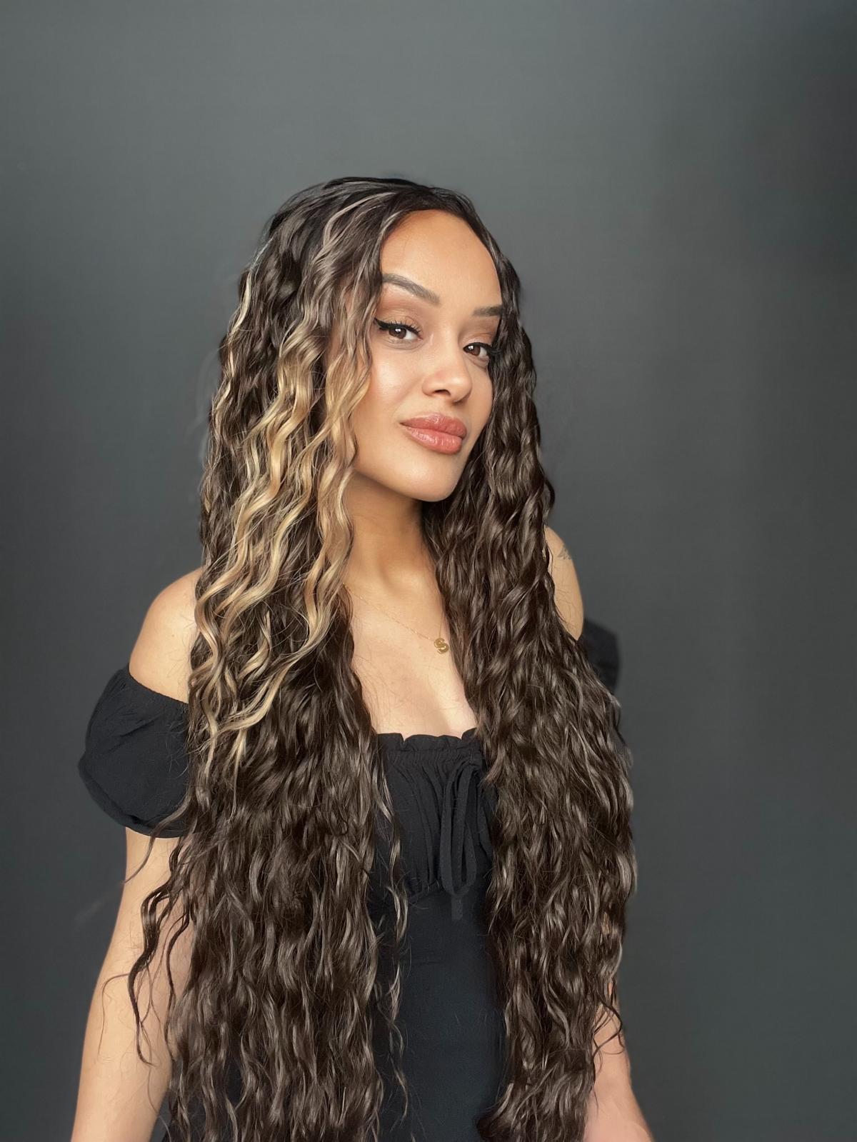 Kahverengi Balköpüğü Işıltılı Fiber Sentetik Tül Peruk (Tam tül peruk her yöne ayrımlı)