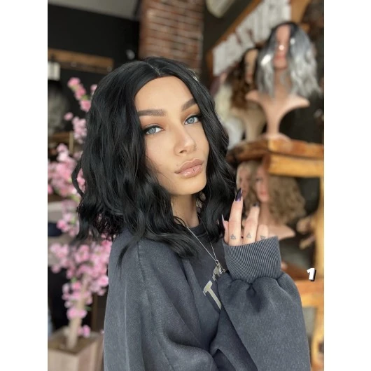 Fiber Sentetik Kısa Dalgalı Perçemsiz Peruk - Siyah