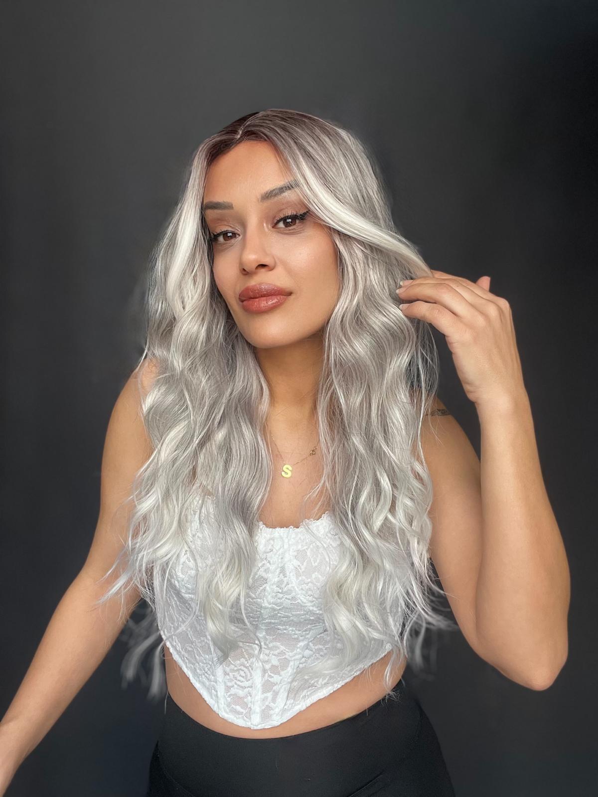 Rus Kumralı Beyaz Platin Ombre Tül Peruk (Tepe kısmı Mini Baby tabanlı Önler tül peruk)