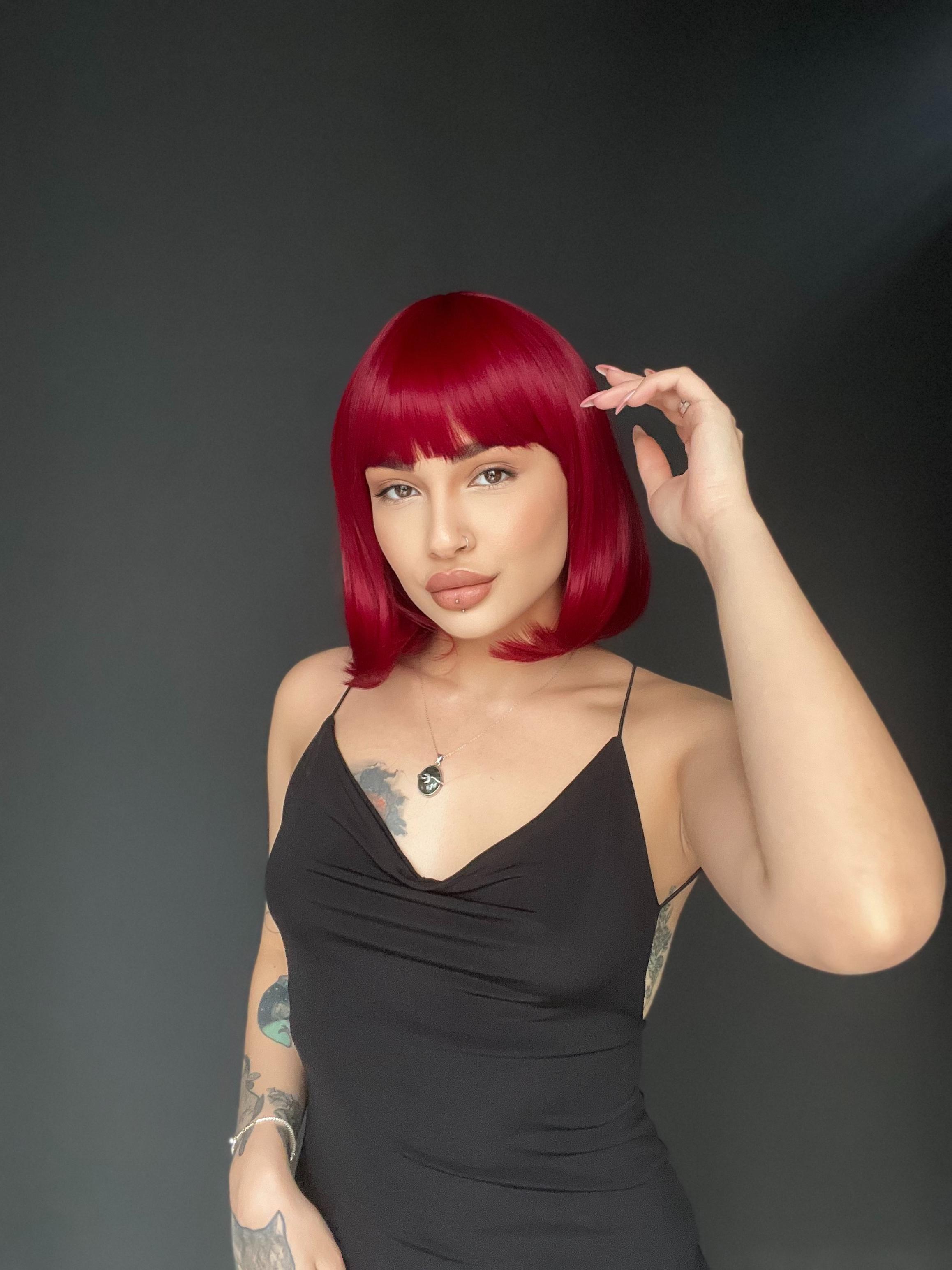 Kısa Küt Perçemli Bob Pedikal Peruk Kanser Kemoterapi uygundur Kızıl