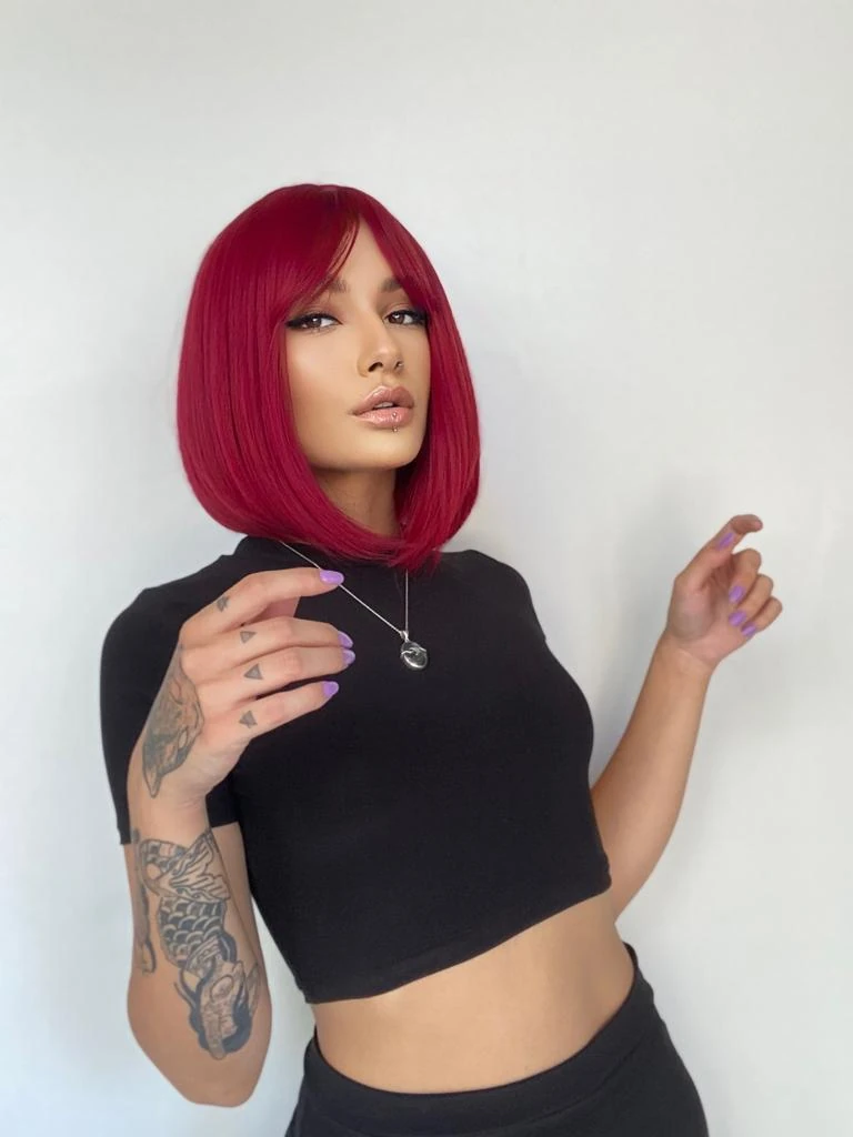 Kısa Küt Perçemli Fiber Sentetik Peruk - Kızıl