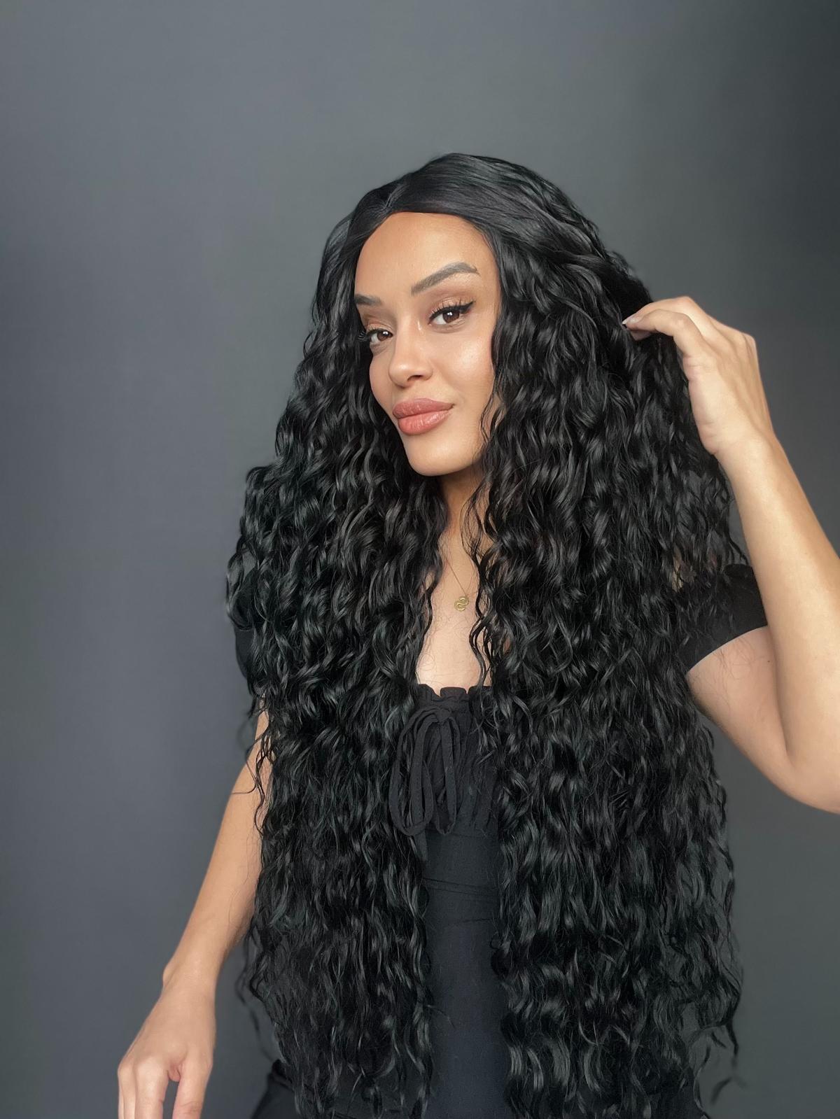 Siyah Fiber Sentetik Tül Peruk (Her yöne ayrımlı tam tül peruk)