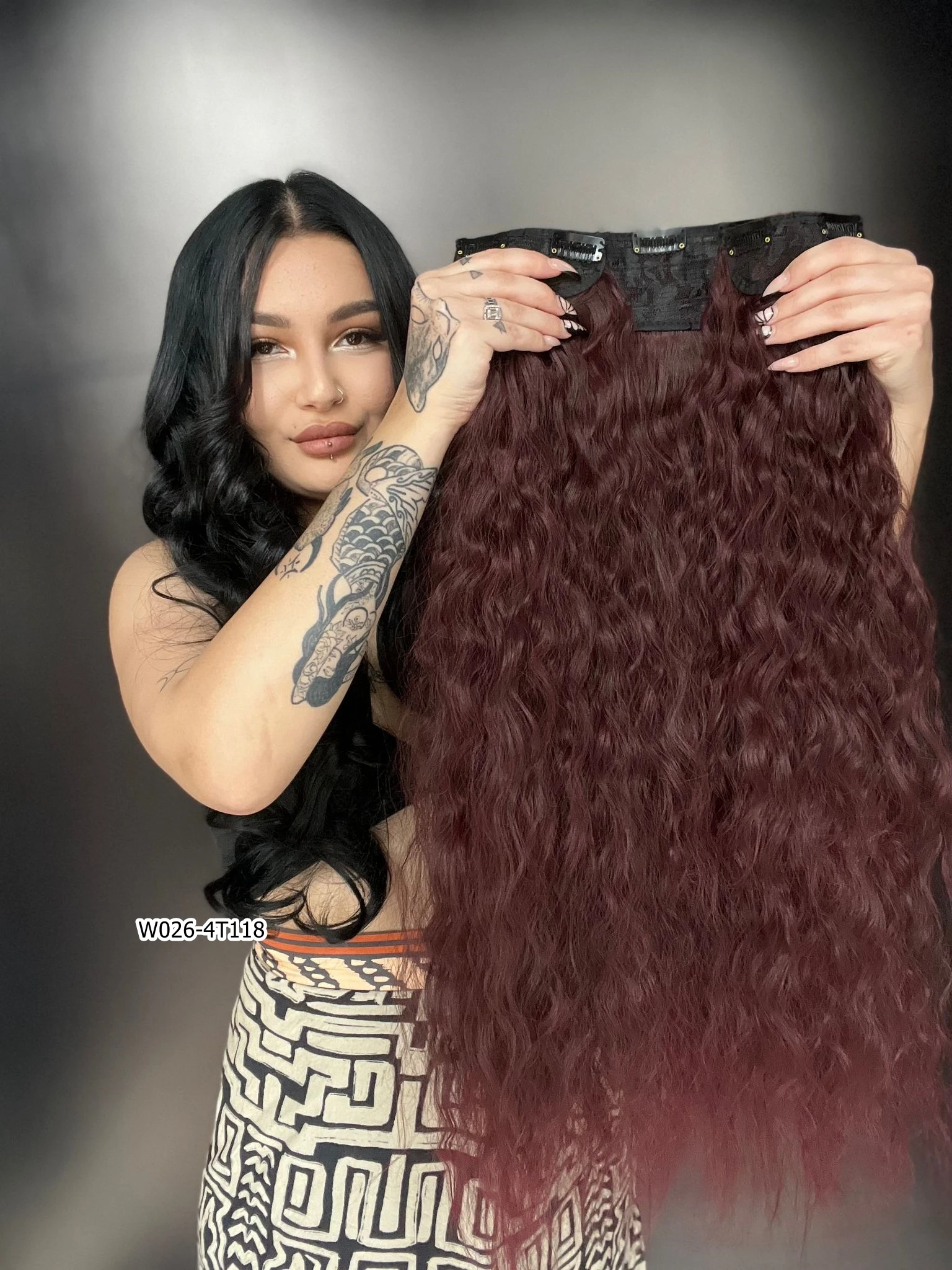 Afro Dalgalı Yarım Ay + 2 Yan Çıt Çıt - Koyu Kızıl