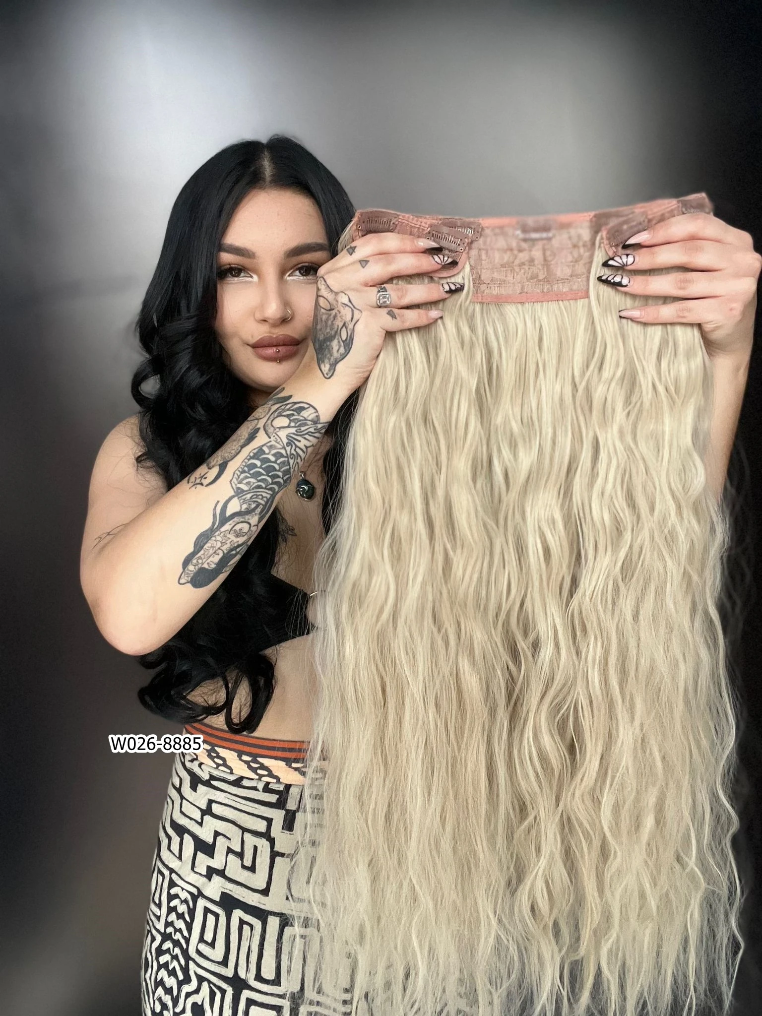 Afro  Dalgalı Yarım Ay + 2 Yan Çıt Çıt - Kumral Beyaz Platin Röfleli