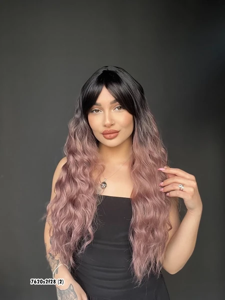 Doğal Su Dalgalı Peruk Uzun Kahküllü Fiber siyah leylak