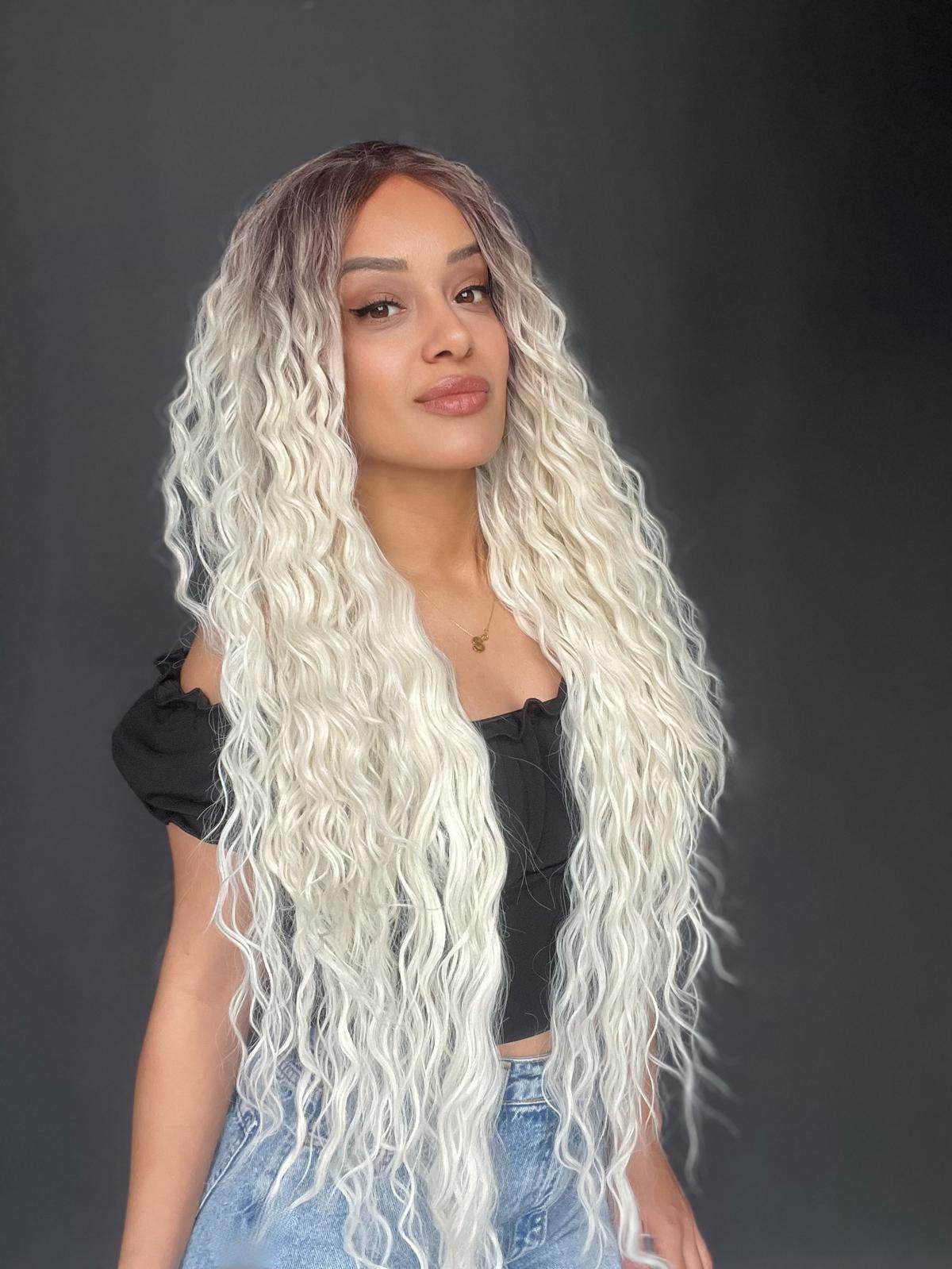 Rus Kumralı Beyaz Platin Ombreli Fiber Sentetik Tül Peruk (Her yöne ayrımlı tam tül peruk)