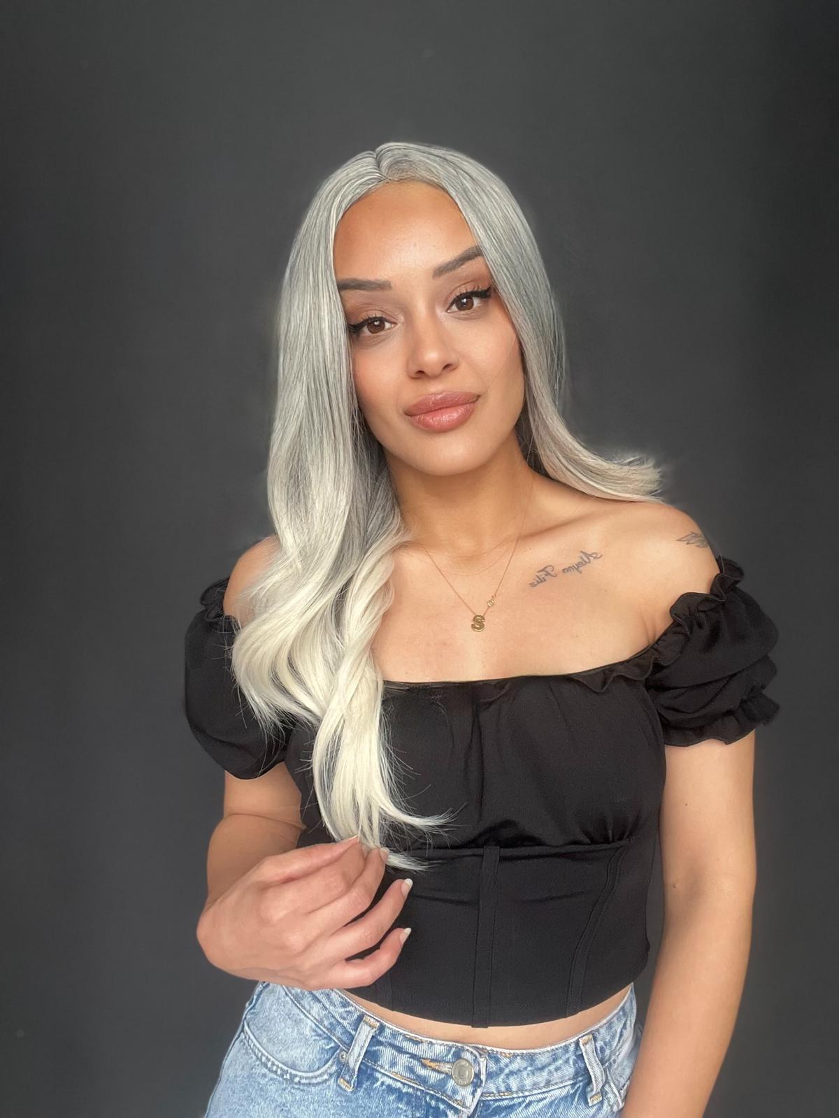 Siyah Beyaz Platin Ombre ve Röfleli Tül Peruk (Tepe kısmı Mini Baby ön tül peruk)