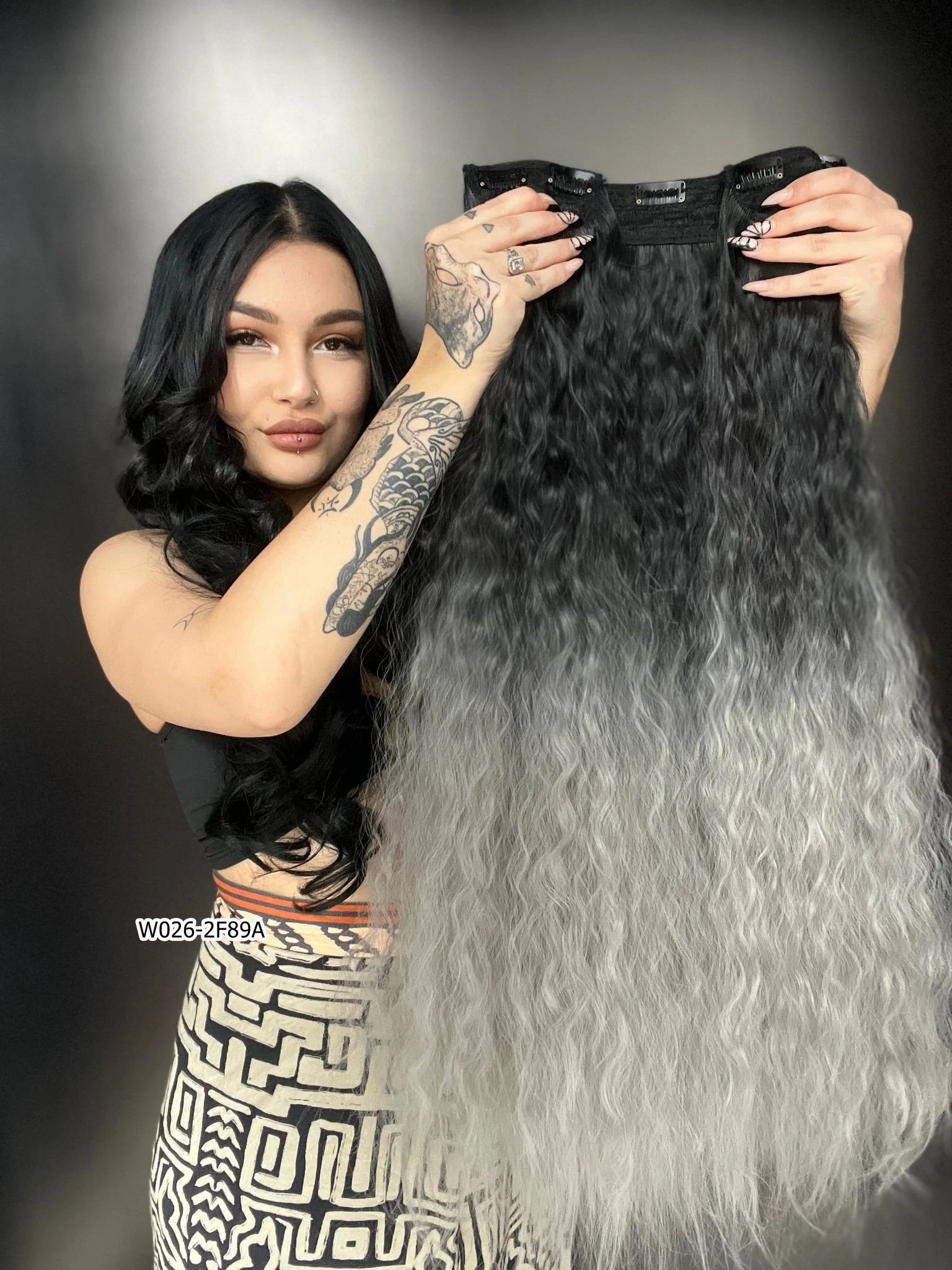 Afro Dalgalı Yarım Ay + 2 Yan Çıt Çıt - Siyah Gri Ombreli