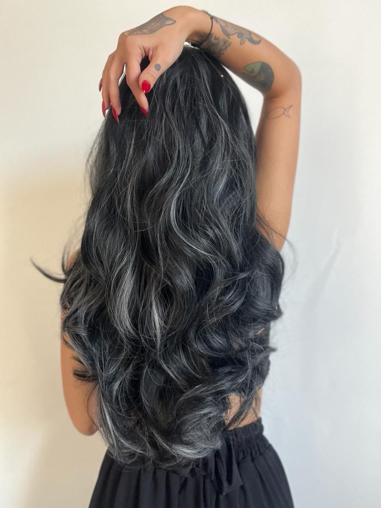 Siyah Gri ışıltılı tül peruk