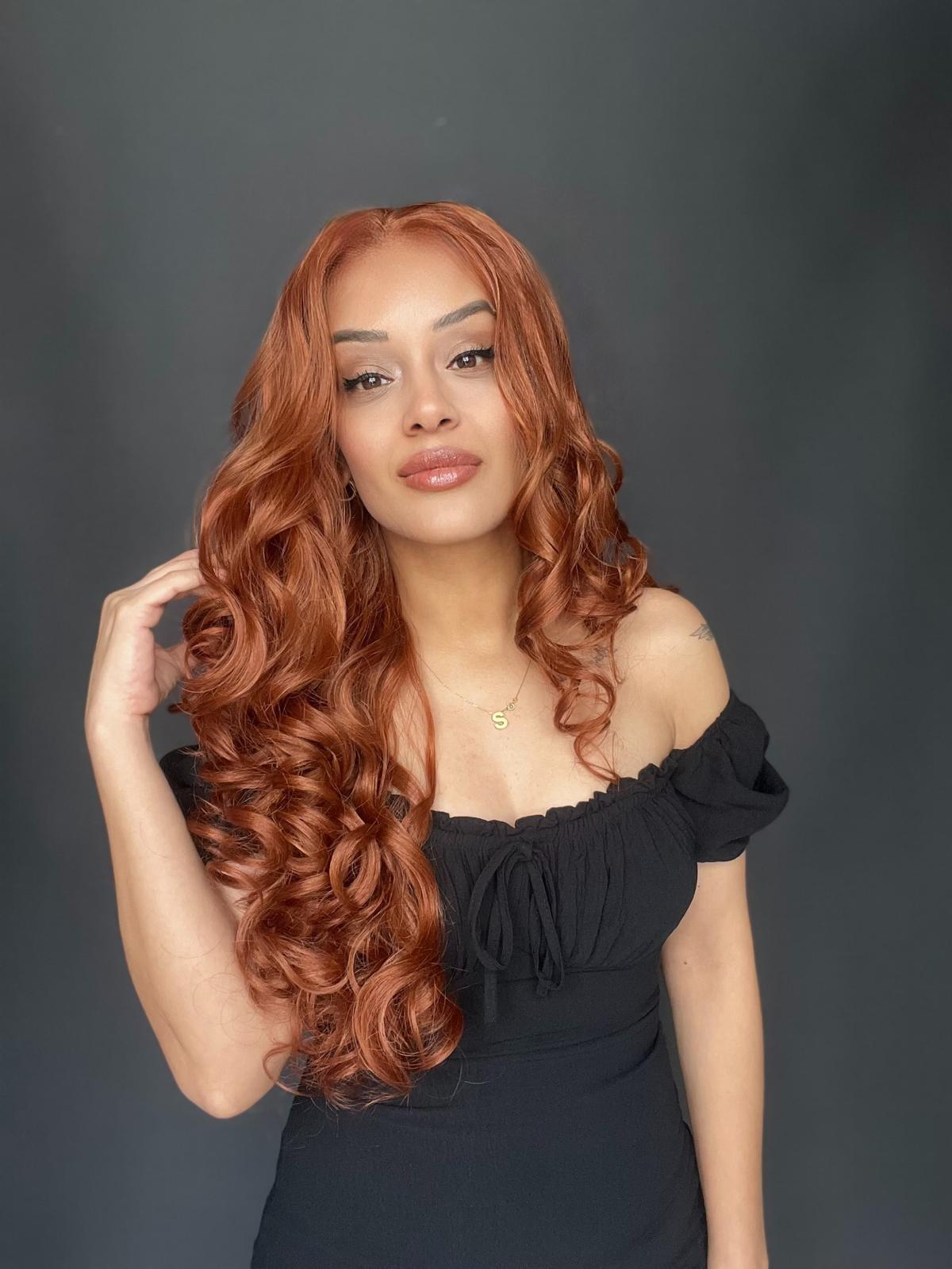 Bakır Bebek Saçlı Fiber Sentetik Yoğun Dalgalı Tül Peruk (TAm tül peruk her yöne ayrımlı)