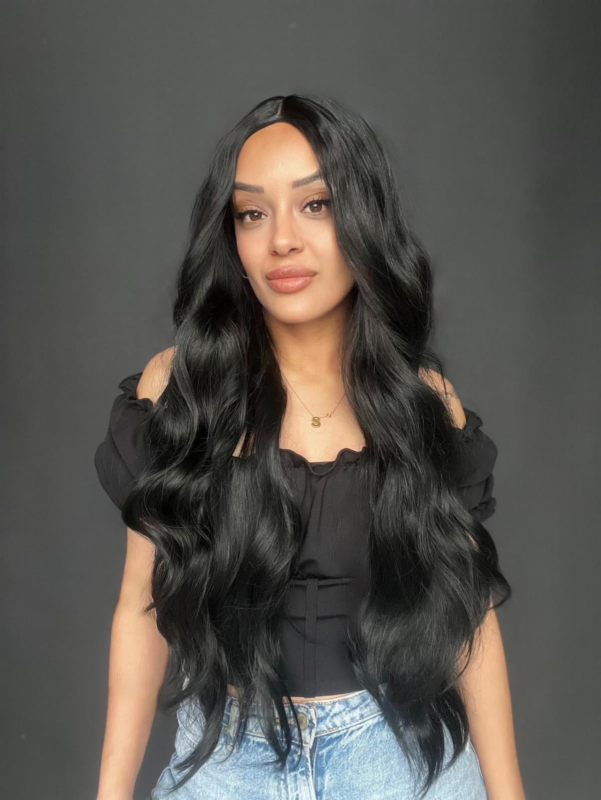 Siyah Dalgalı Fiber Sentetik Tül Peruk (Her yöne ayrımlı tam tül peruk)