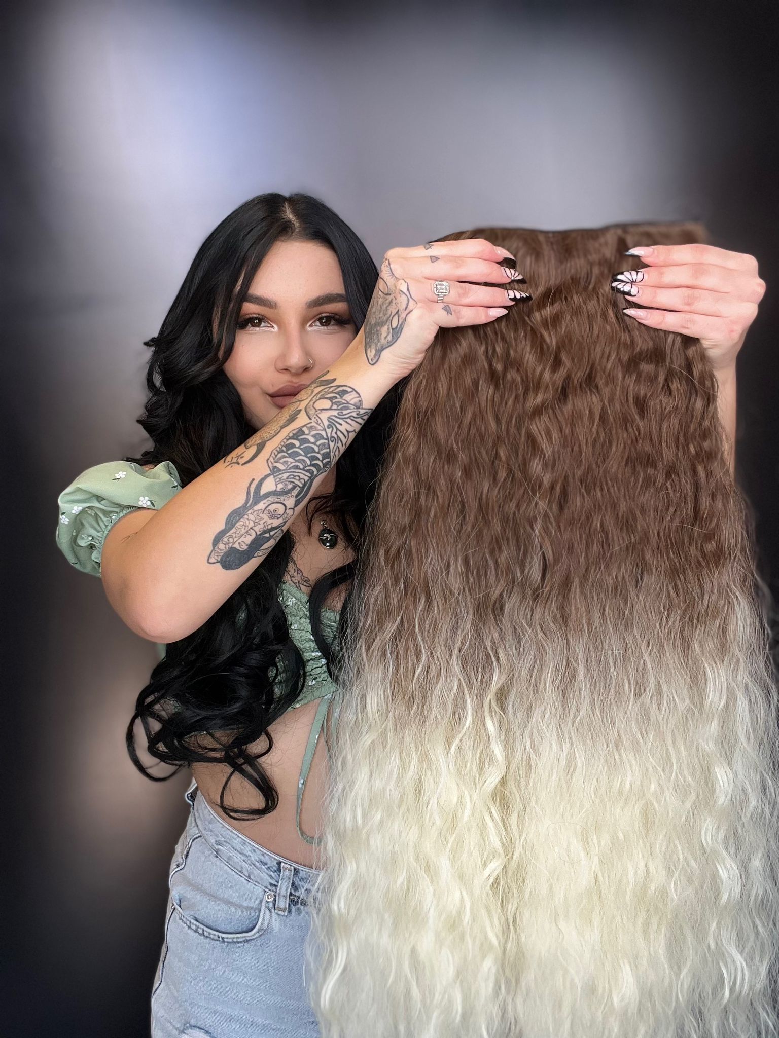 Afro  Dalgalı Yarım Ay + 2 Yan Çıt Çıt - Kumral Küllü ombreli 2