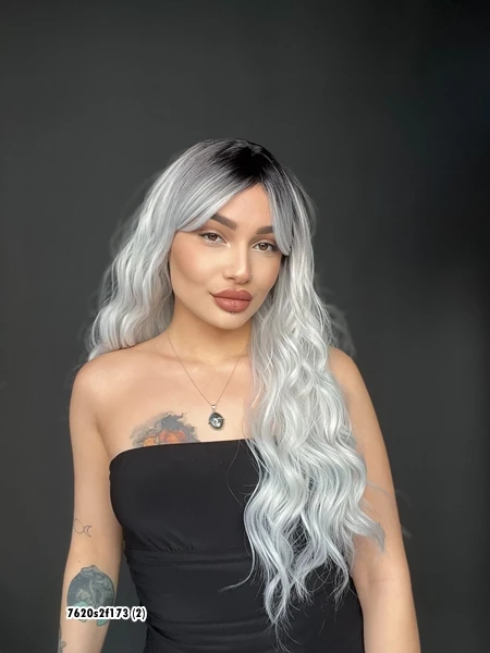 Doğal Su Dalgalı Peruk Uzun Kahküllü Fiber  Siyah Açık gri