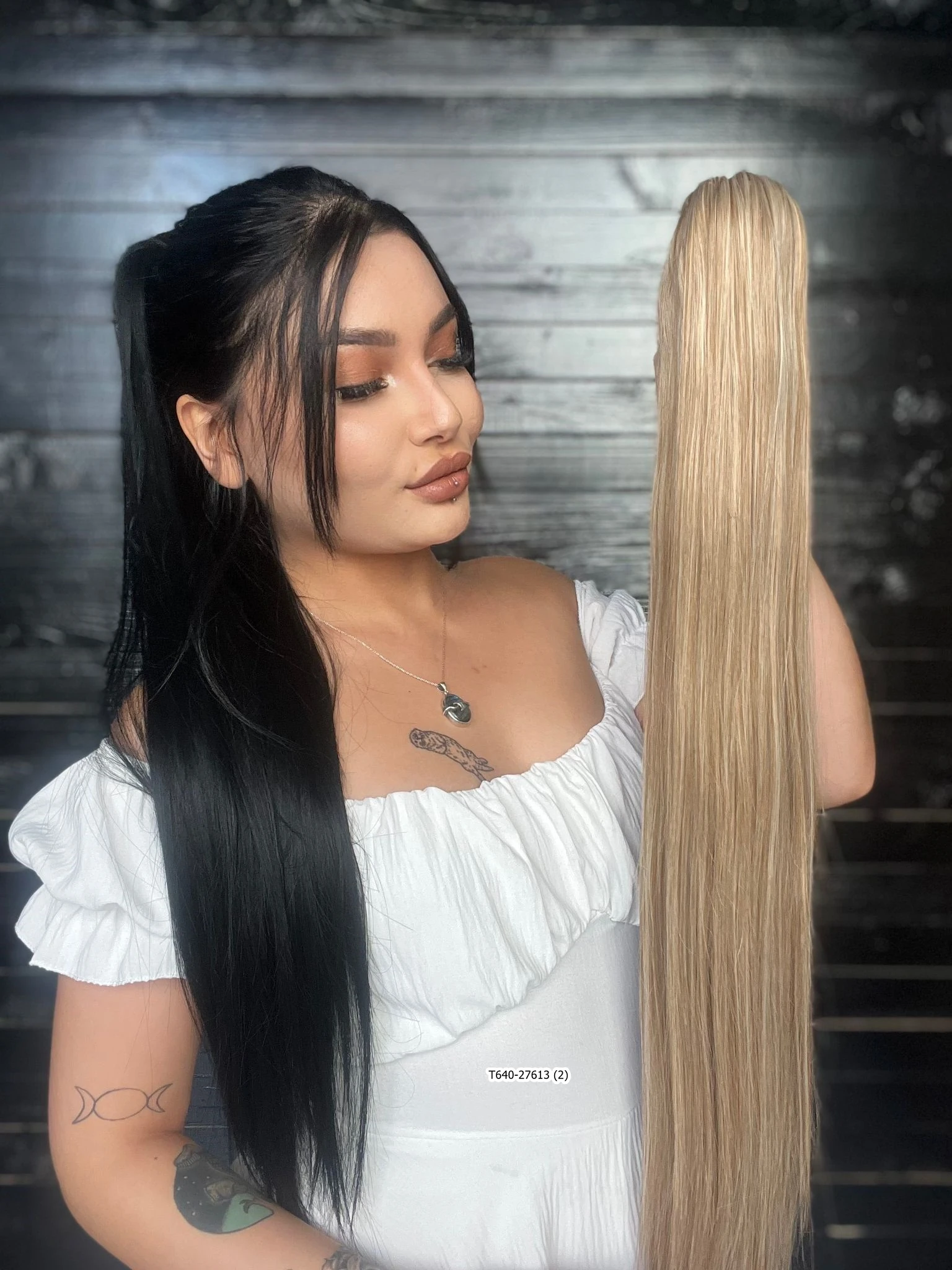 70cm Postiş Tokalı Düz At Kuyruğu - Karamel Platin Röfleli