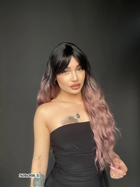 Doğal Su Dalgalı Peruk Uzun Kahküllü Fiber siyah leylak