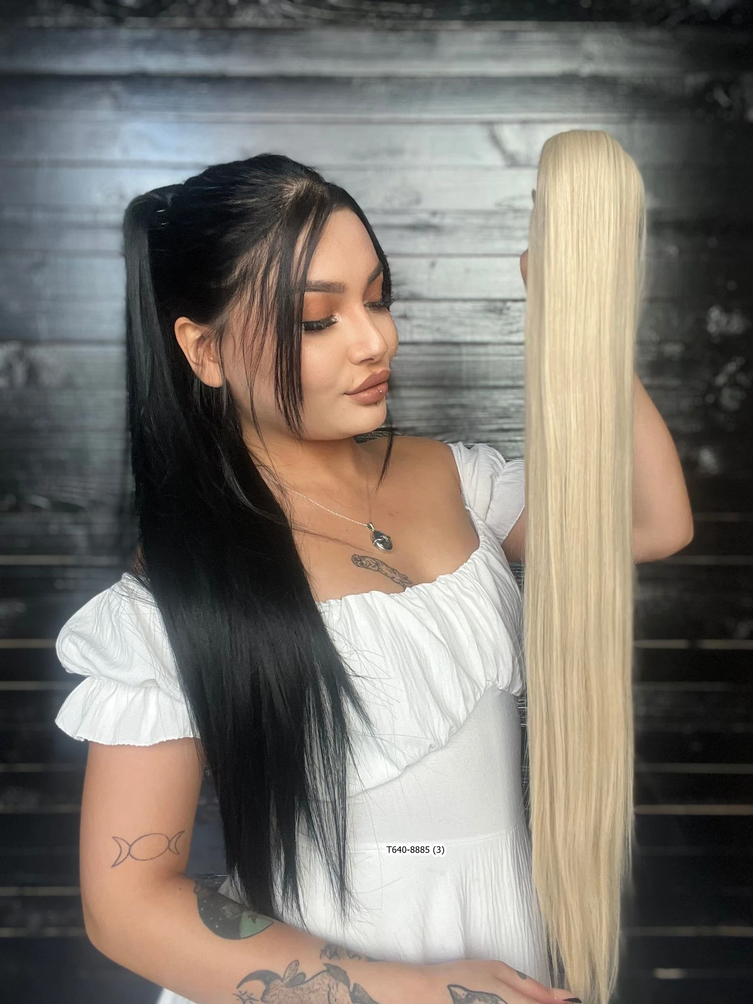 70cm Postiş Tokalı Düz At Kuyruğu - Kumral Beyaz Platin Röfleli