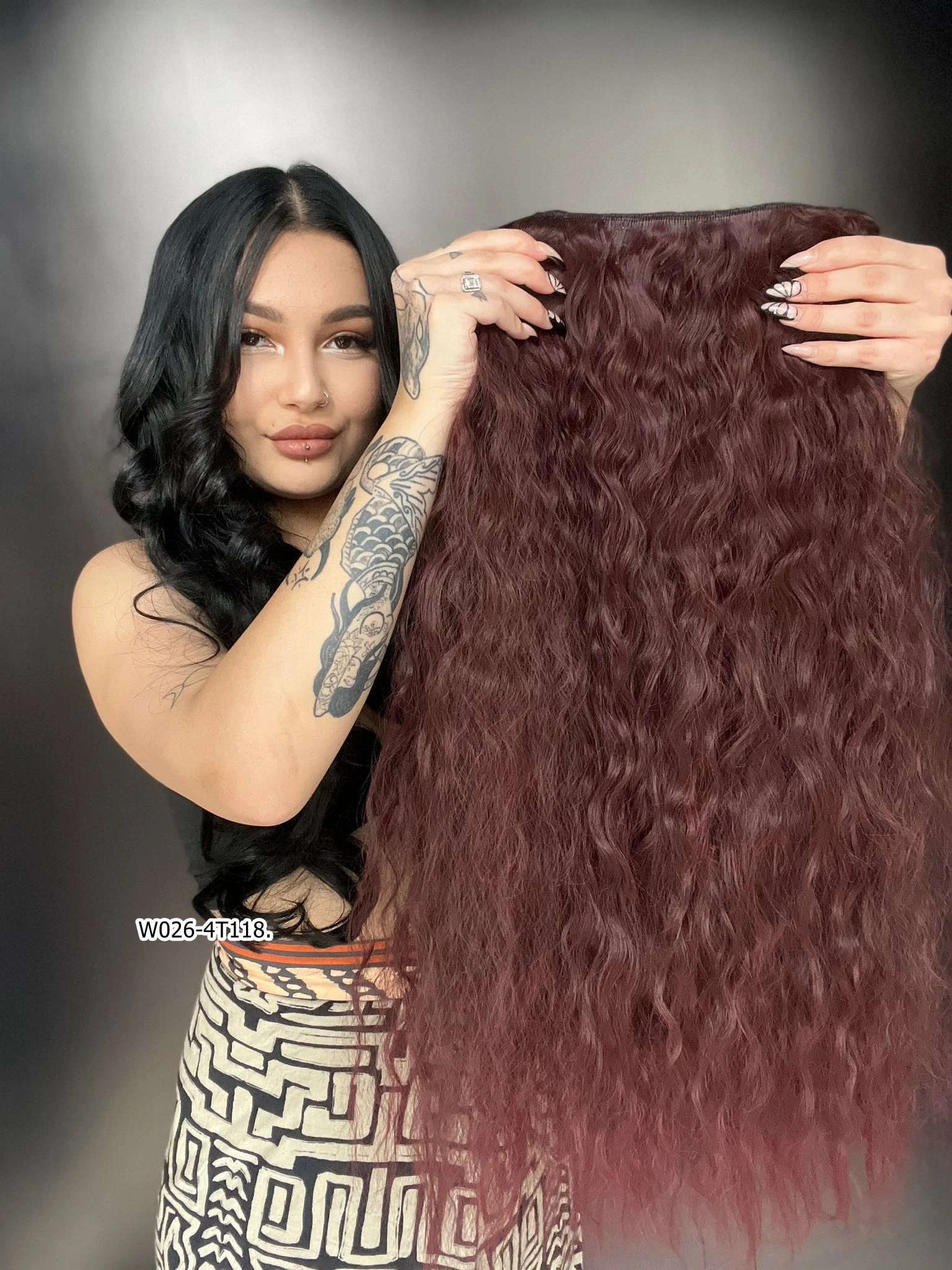 Afro Dalgalı Yarım Ay + 2 Yan Çıt Çıt - Koyu Kızıl