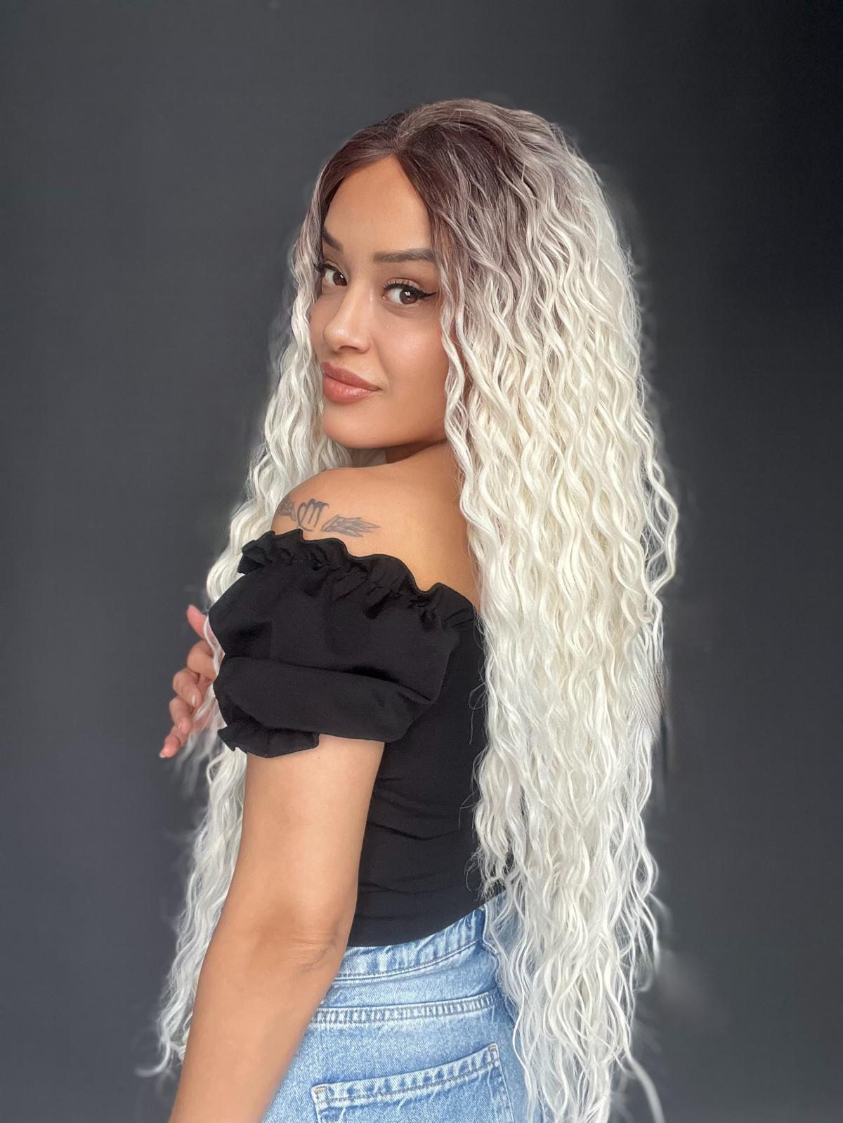 Rus Kumralı Beyaz Platin Ombreli Fiber Sentetik Tül Peruk (Her yöne ayrımlı tam tül peruk)