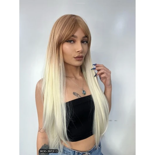 Fiber Sentetik Uzun Düz Kahküllü Peruk - Balköpüğü / Platin Ombreli
