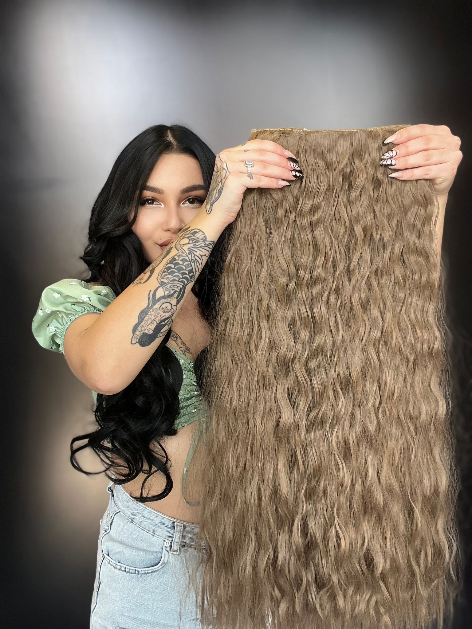 Afro  Dalgalı Yarım Ay + 2 Yan Çıt Çıt - Kumral Beyaz Platin Röfleli