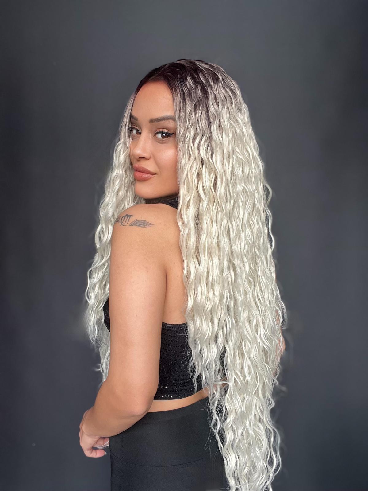 Açık Kumral Platin Ombreli Fiber Sentetik Tül Peruk (Her yöne full ayrımlı tam tül peruk)