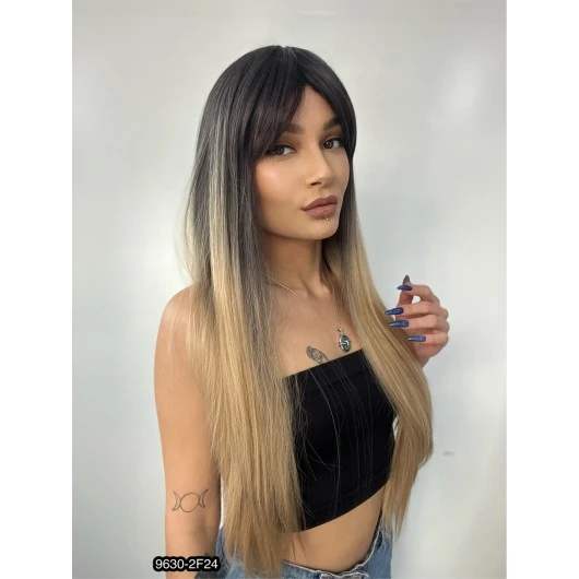 Fiber Sentetik Uzun Düz Kahküllü Peruk - Siyah / Balköpüğü Ombreli