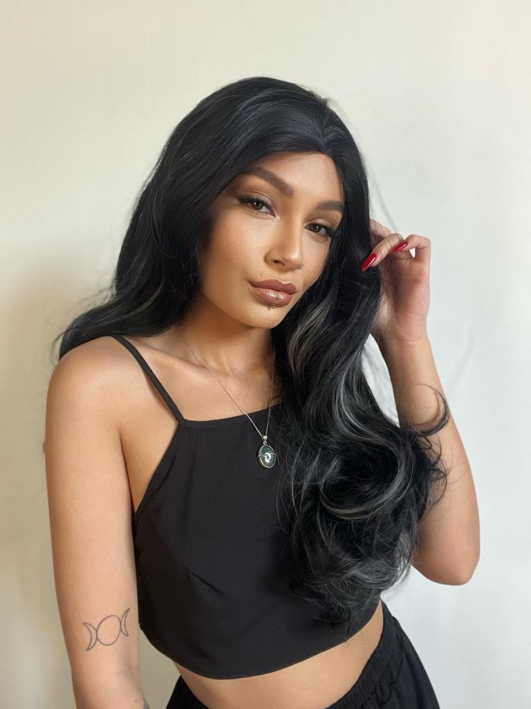 Siyah Gri ışıltılı tül peruk