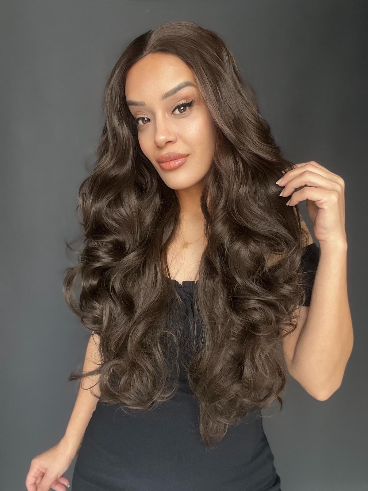 Gür Yoğun Su Dalgalı Koyu Kumral Fiber Sentetik Uzun Tül Peruk (Tam tül peruk heryöne ayrımlı)