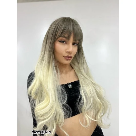 Kahküllü Uzun Dalgalı Fiber Sentetik Peruk - Küllü Açık Kahve / Platin Ombreli