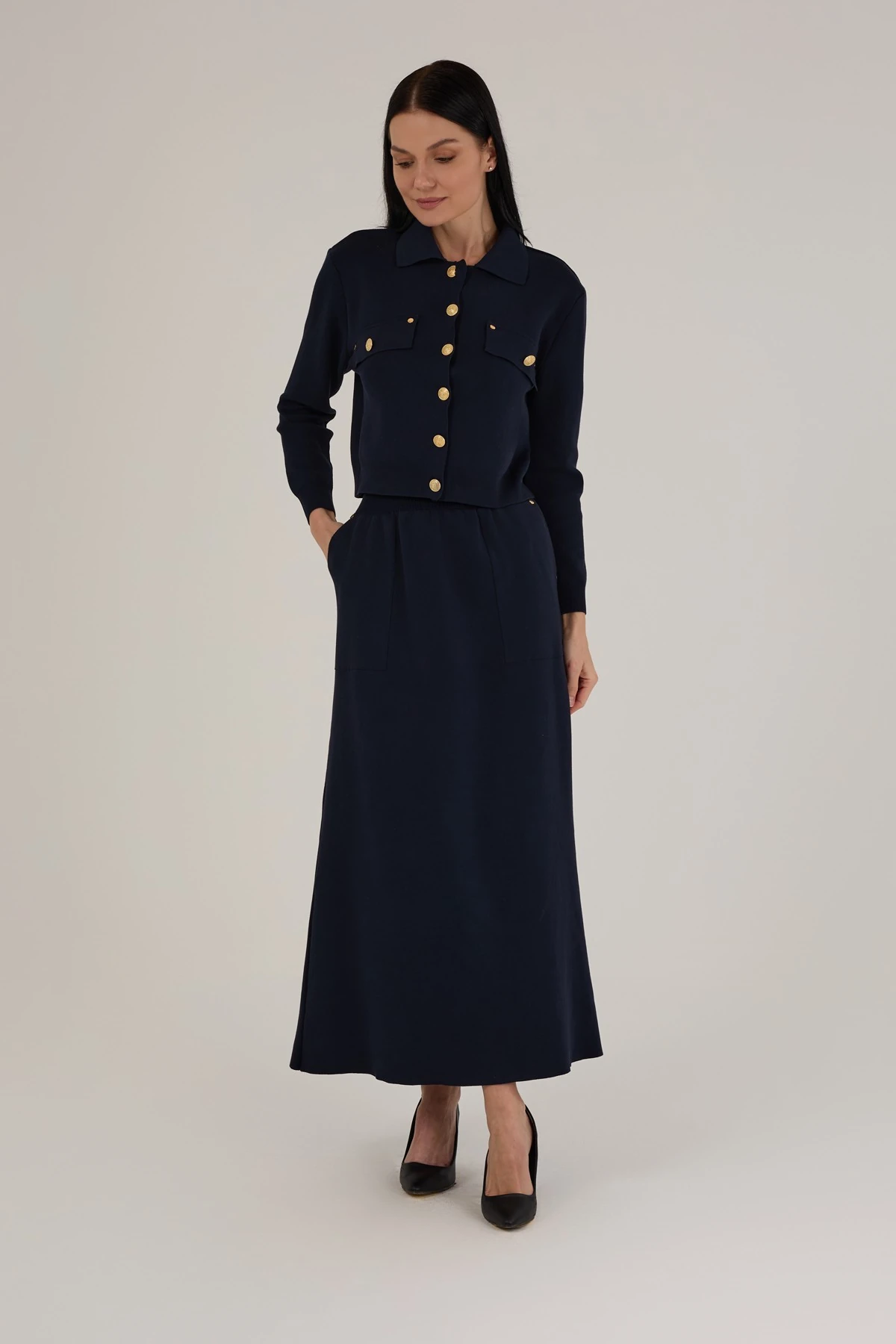 Kadın Gemici Düğme Detaylı Triko Etekli Takım 1404