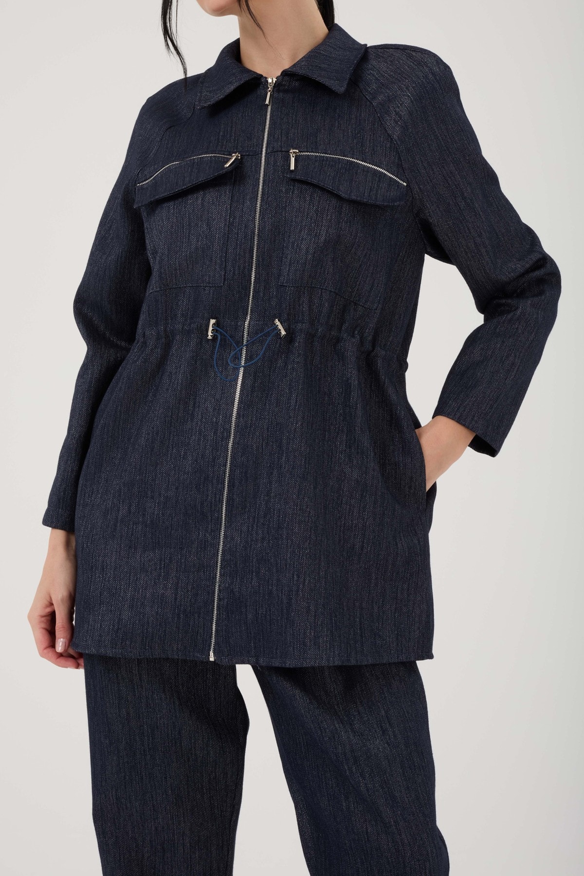 Kadın Fermuar Cep Detaylı Denim Takım 8580