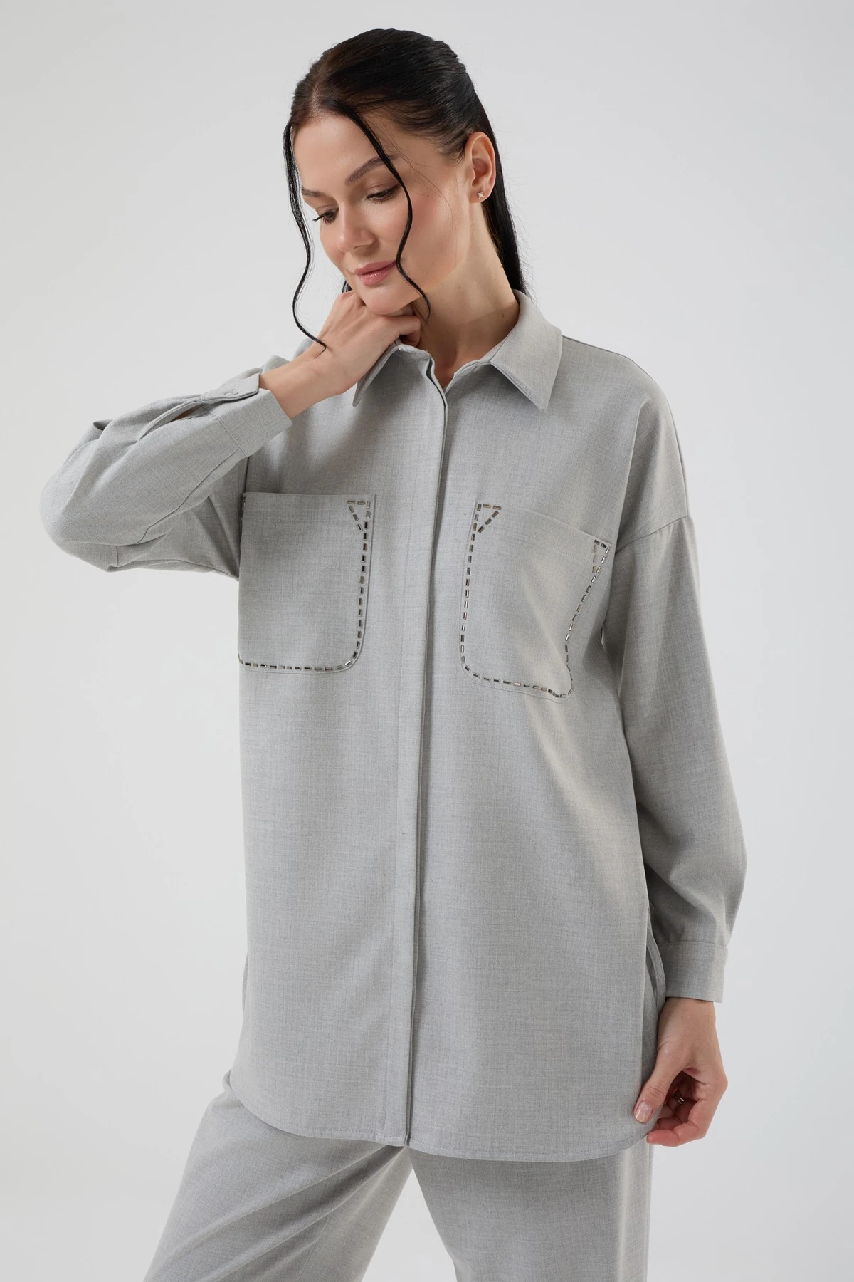 Kadın Cepli Taş Detaylı İkili Takım 8583