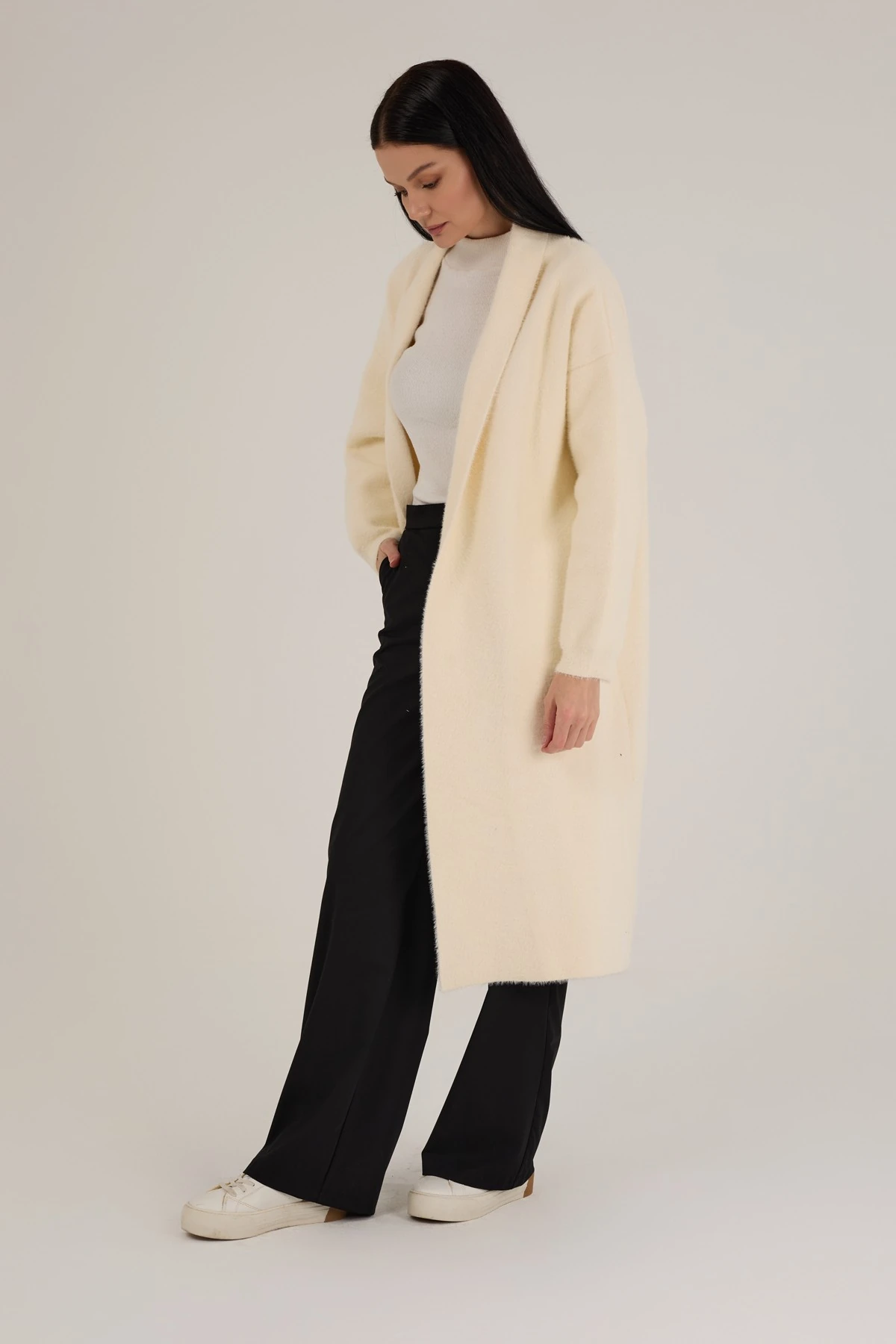 Kadın Şal Yaka Angora Dokulu Uzun Hırka 1200