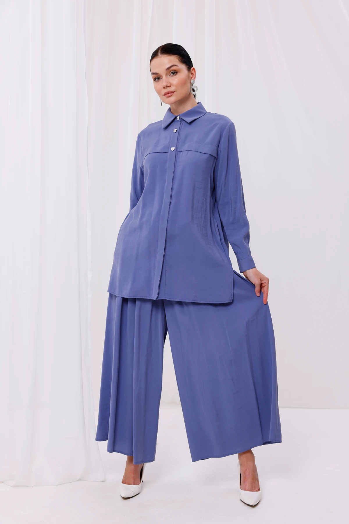 Kadın Şık Modal Kumaş Kalp Düğme Detaylı Bluz 4162