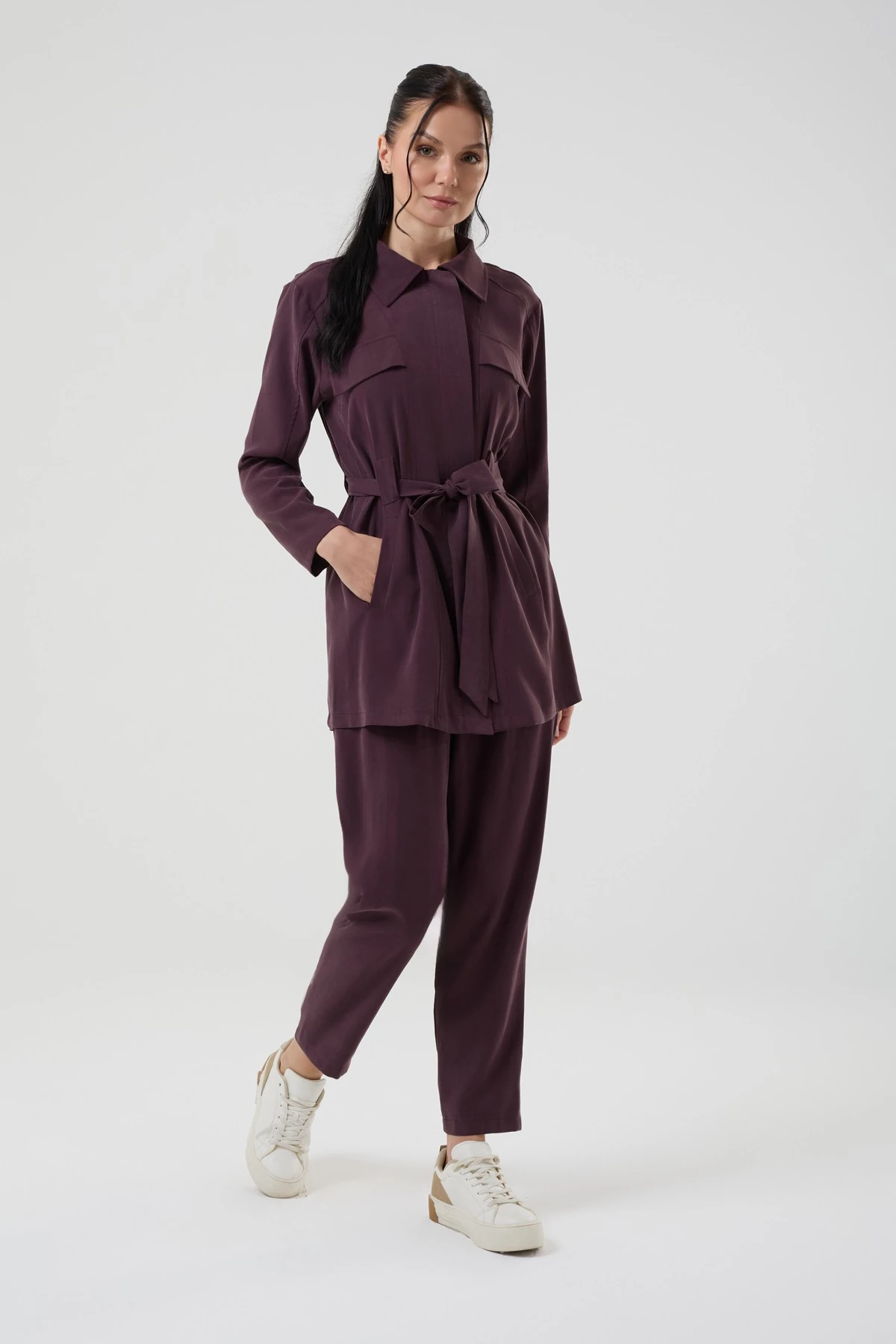 Kadın Cep Detaylı Kuşaklı Pamuk Kupra İkili Takım 8585