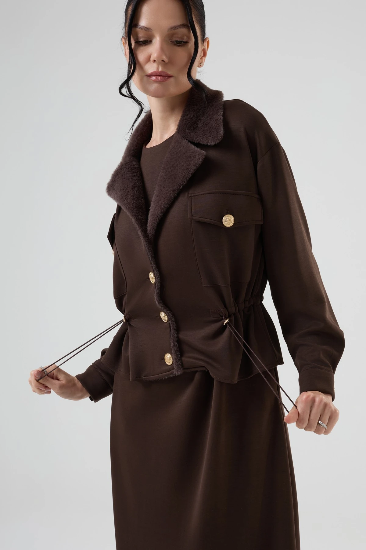 Kadın Kürk Detaylı Ceketli Modal İkili Elbise 7262