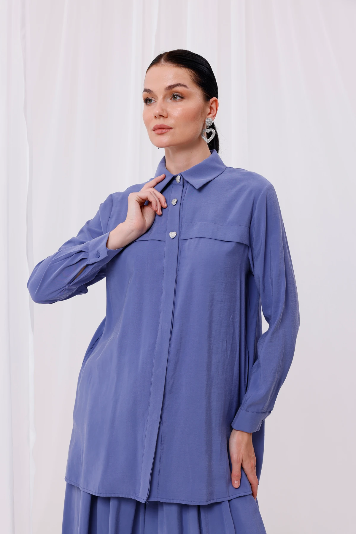 Kadın Şık Modal Kumaş Kalp Düğme Detaylı Bluz 4162