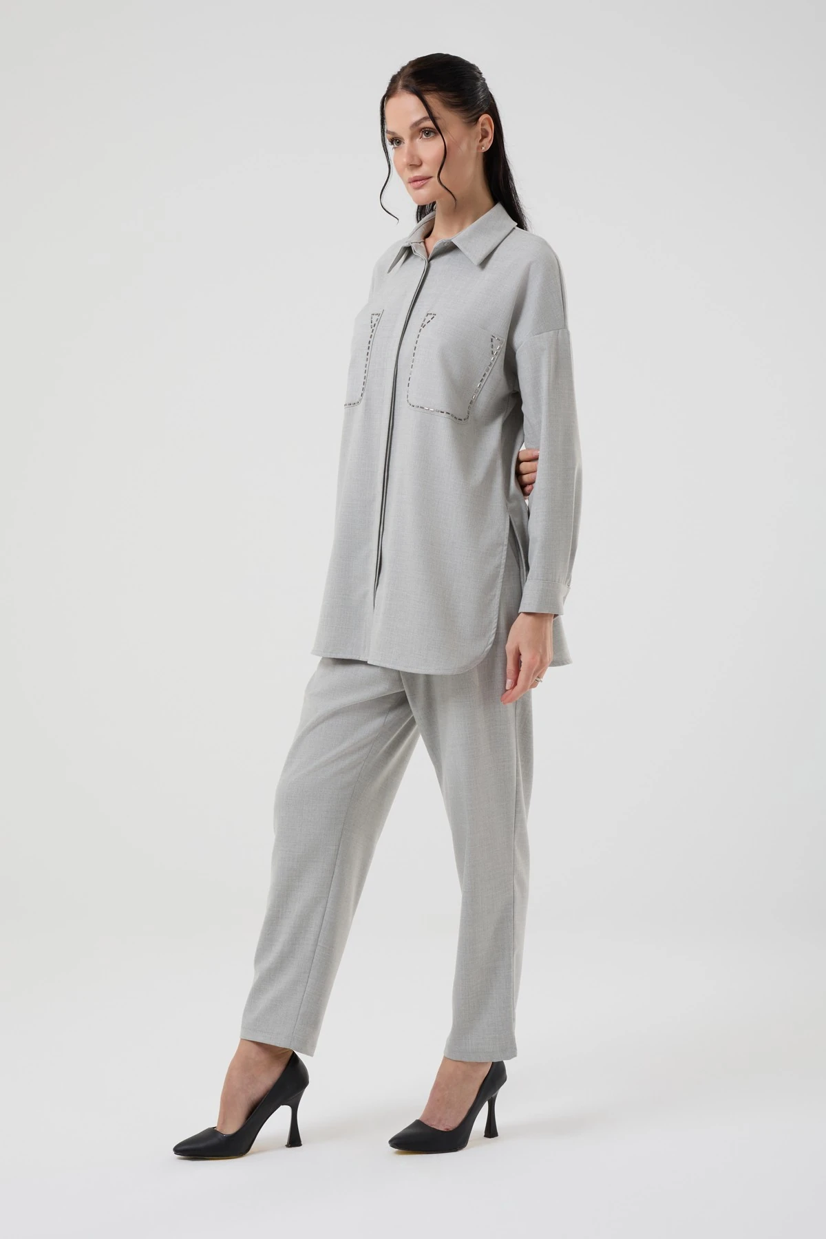 Kadın Cepli Taş Detaylı İkili Takım 8583