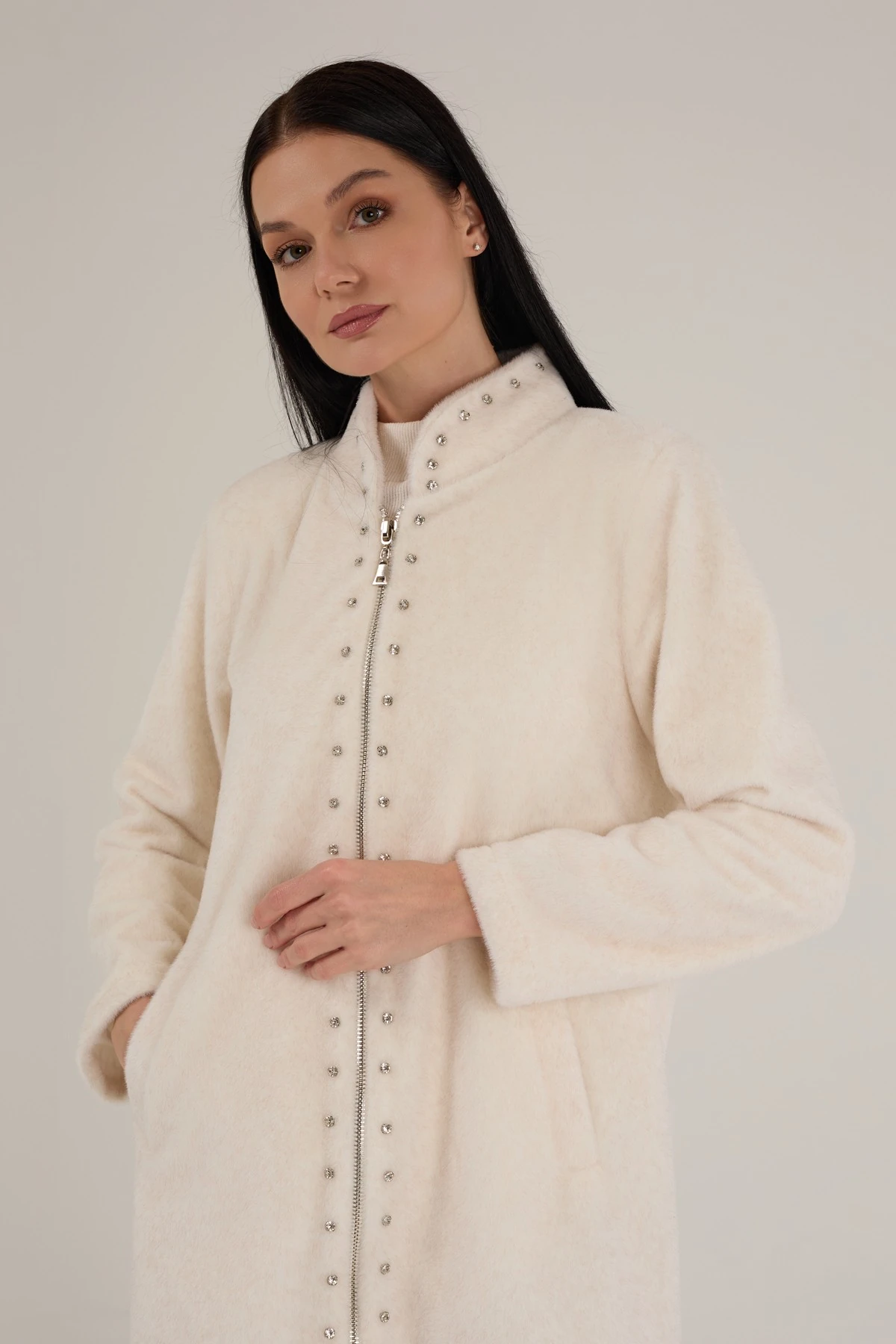 Kadın Taş Detaylı Fermuarlı Kaşe Kürk 9274