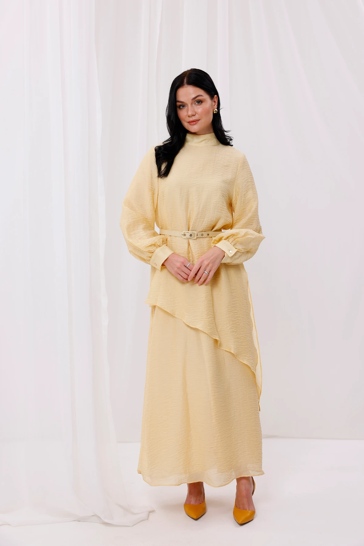 Kadın Kemer Detaylı Asimetrik kesim Tensel İpek Elbise 7258