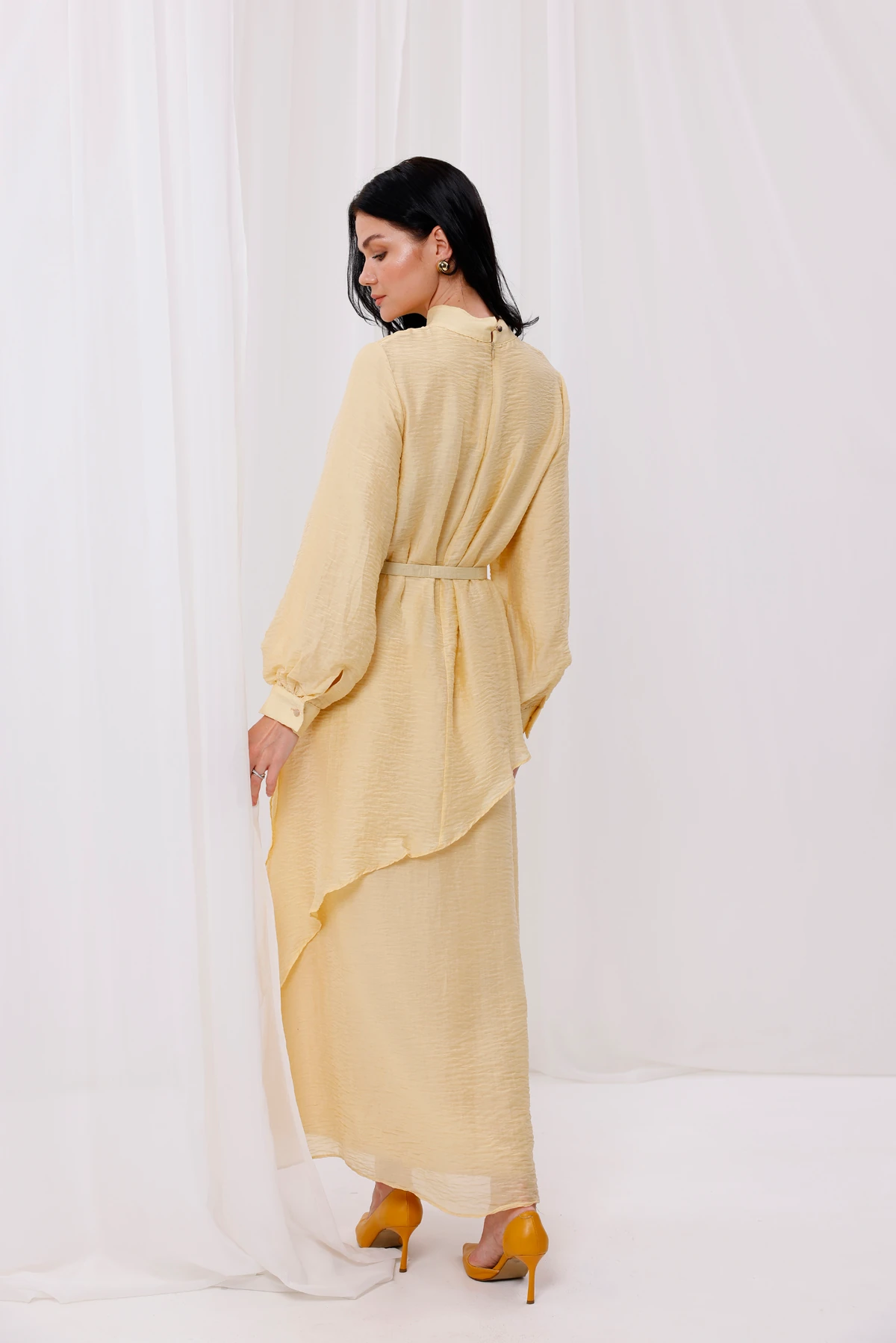 Kadın Kemer Detaylı Asimetrik kesim Tensel İpek Elbise 7258