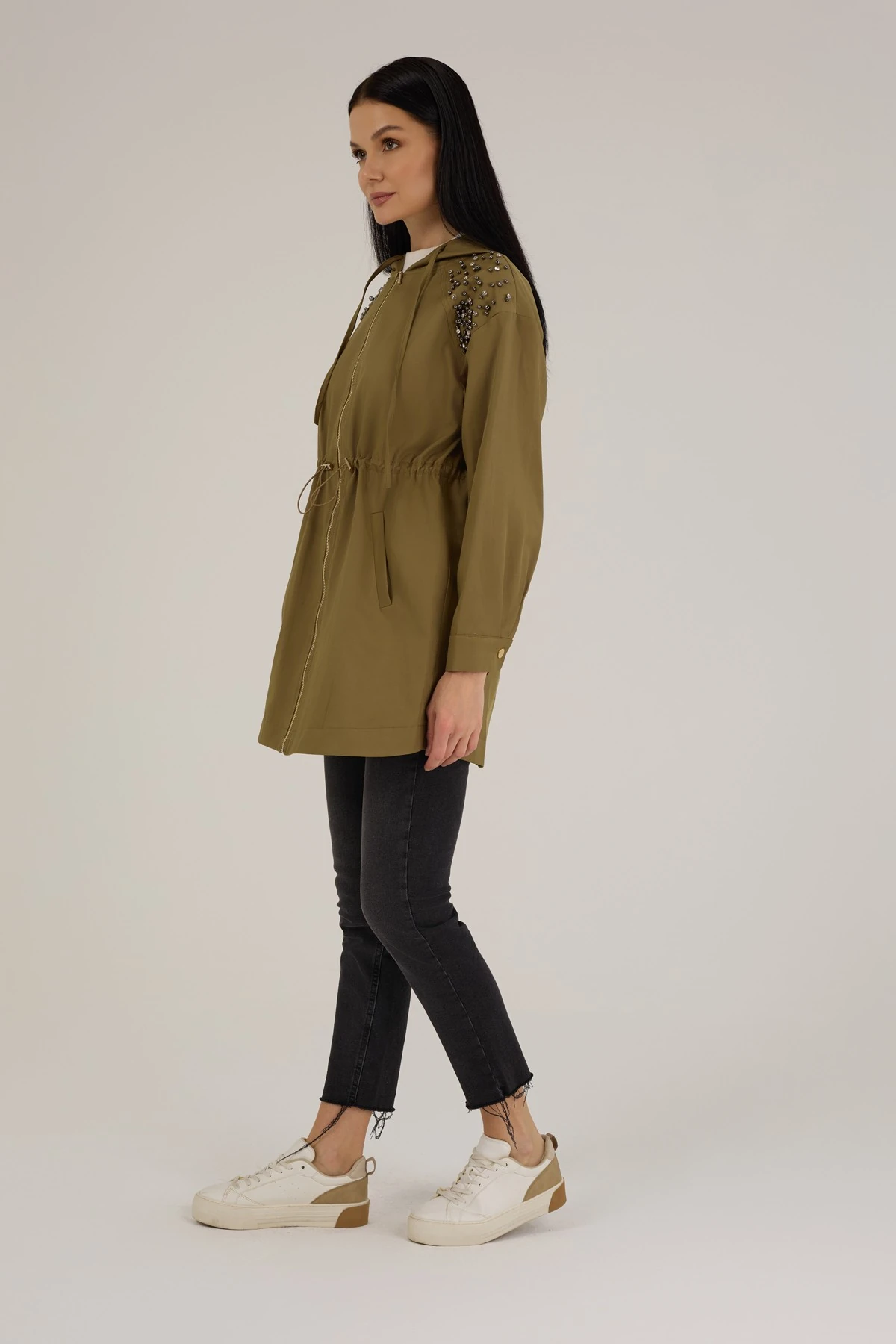 Kadın Taş Detaylı Su İtici Yağmurluk Trençkot 9278