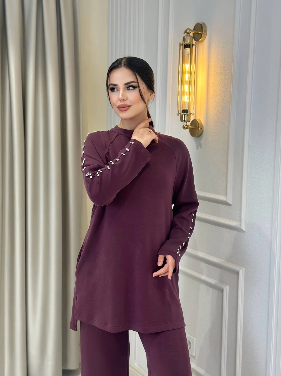 Kadın Taş Detaylı Modal Kumaş İkili Takım 8581