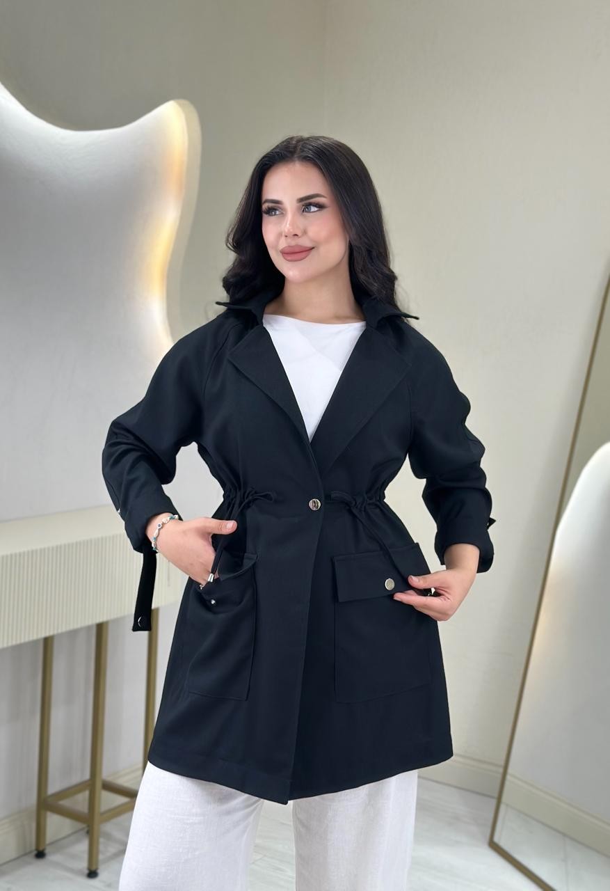 Ayarlanabilir Lastik Detaylı Keten Ceket - Siyah